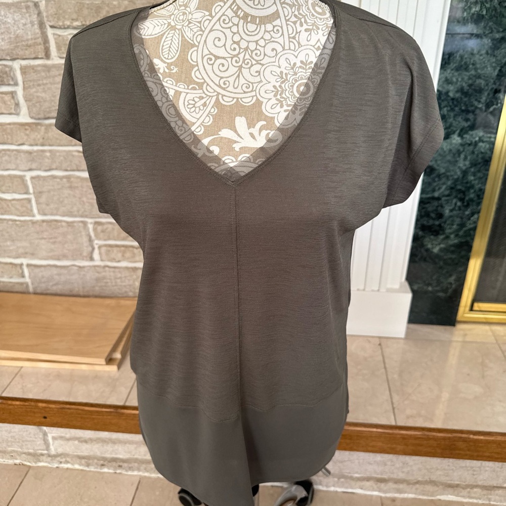 Bar III V-Neck Mixed-Media Mesh Top Size Small Olive Green